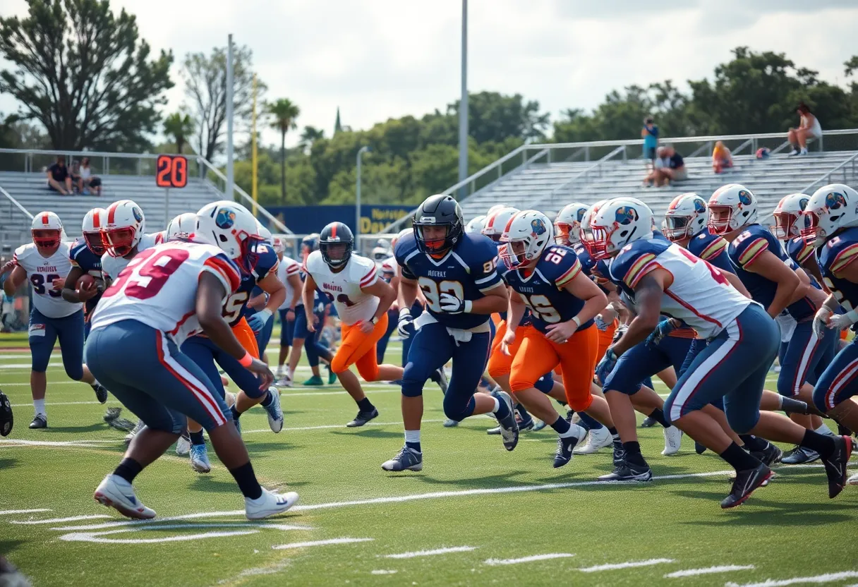 High school football teams competing on the field