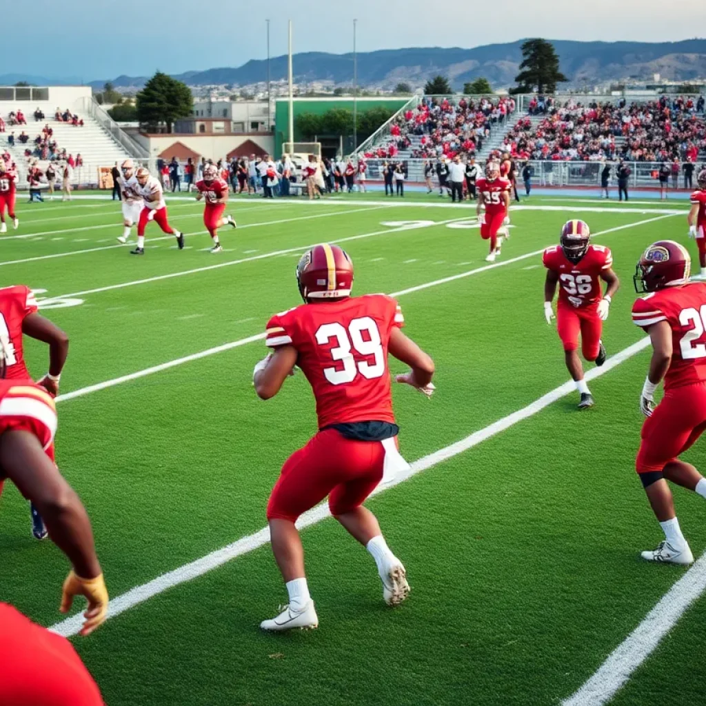 High school football teams playing on a field in Southern California