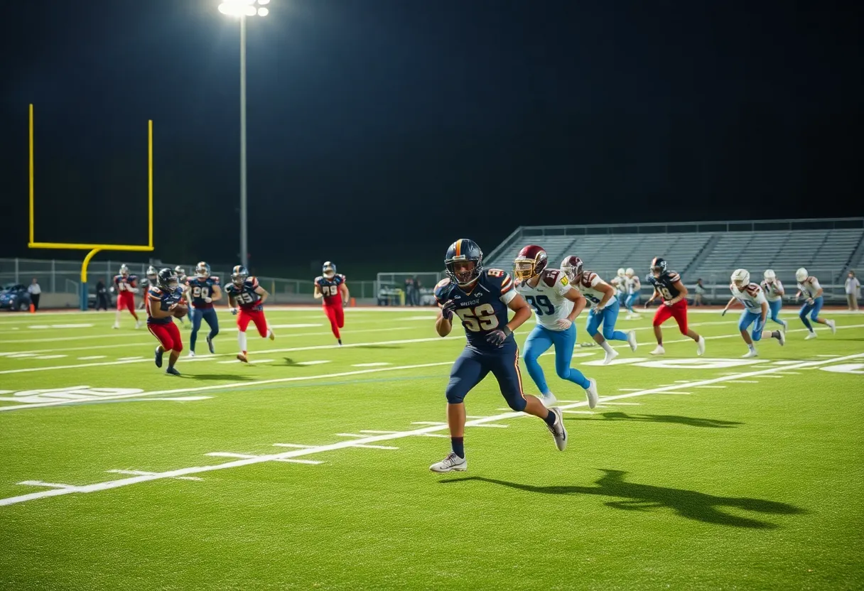 High school football players playing on the field in Southern California.