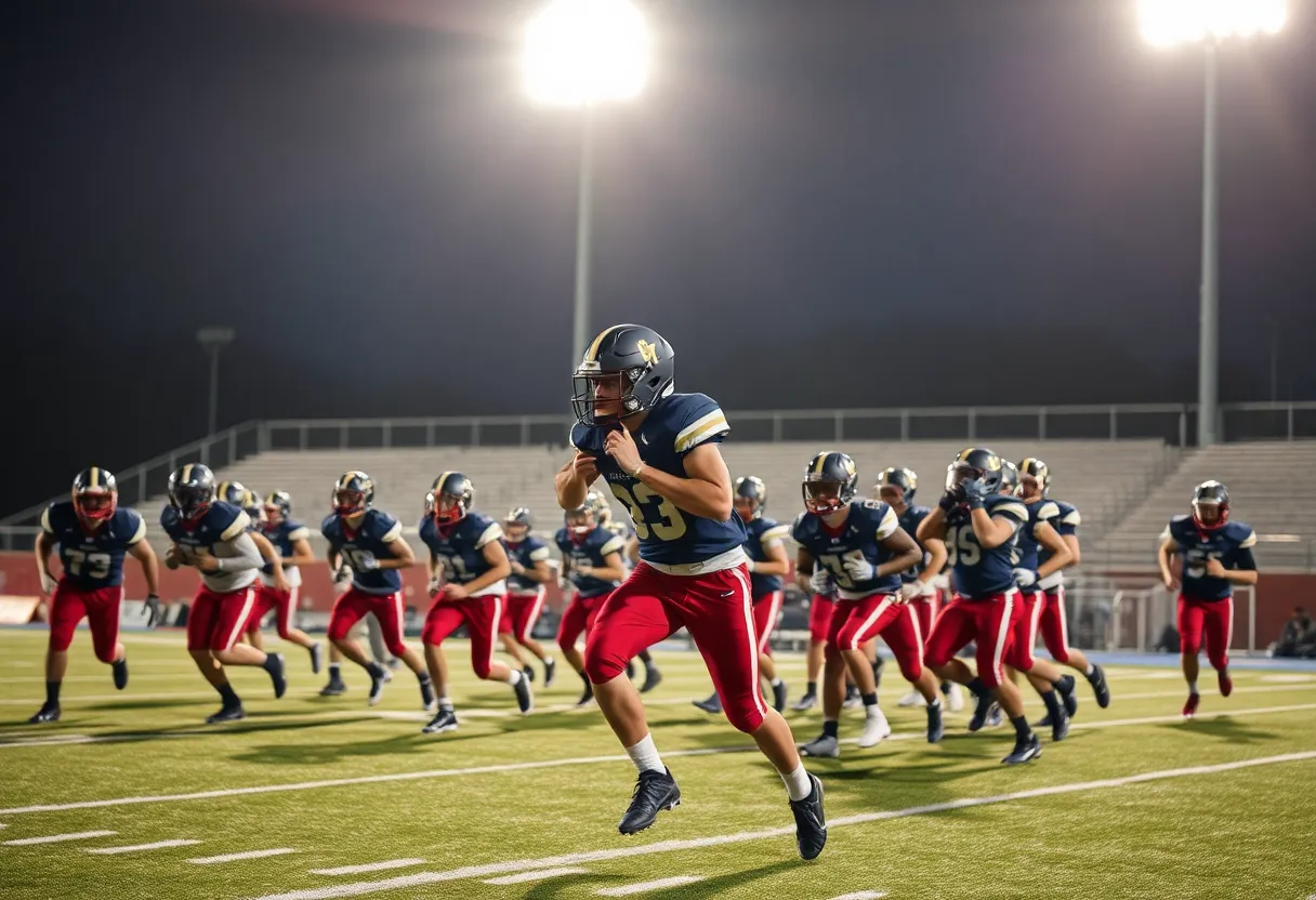 High school football players practicing on the field