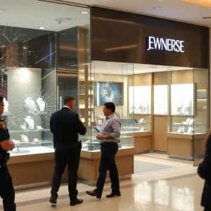 Scene of a jewelry store robbery with broken glass and police presence.