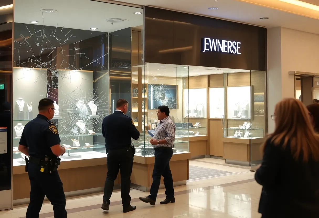 Scene of a jewelry store robbery with broken glass and police presence.