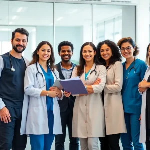 A diverse team of healthcare professionals collaborating in an office.