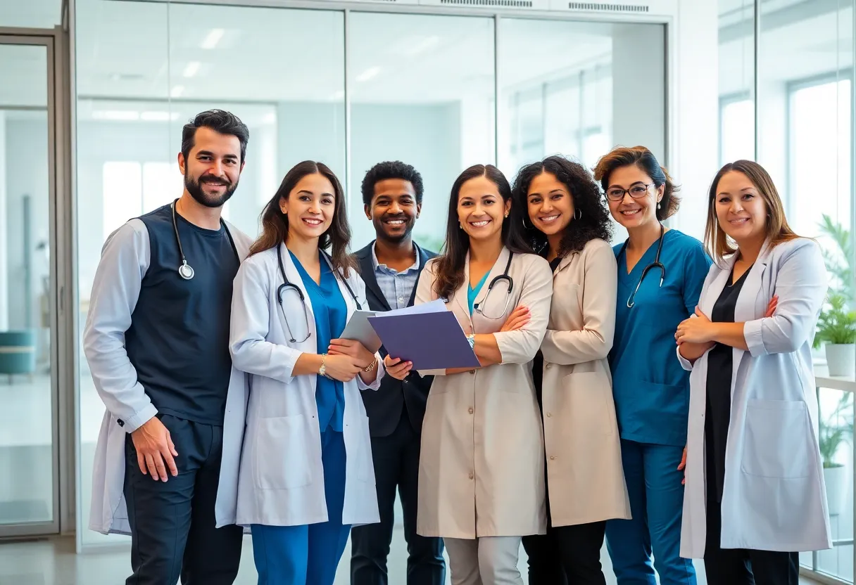 A diverse team of healthcare professionals collaborating in an office.