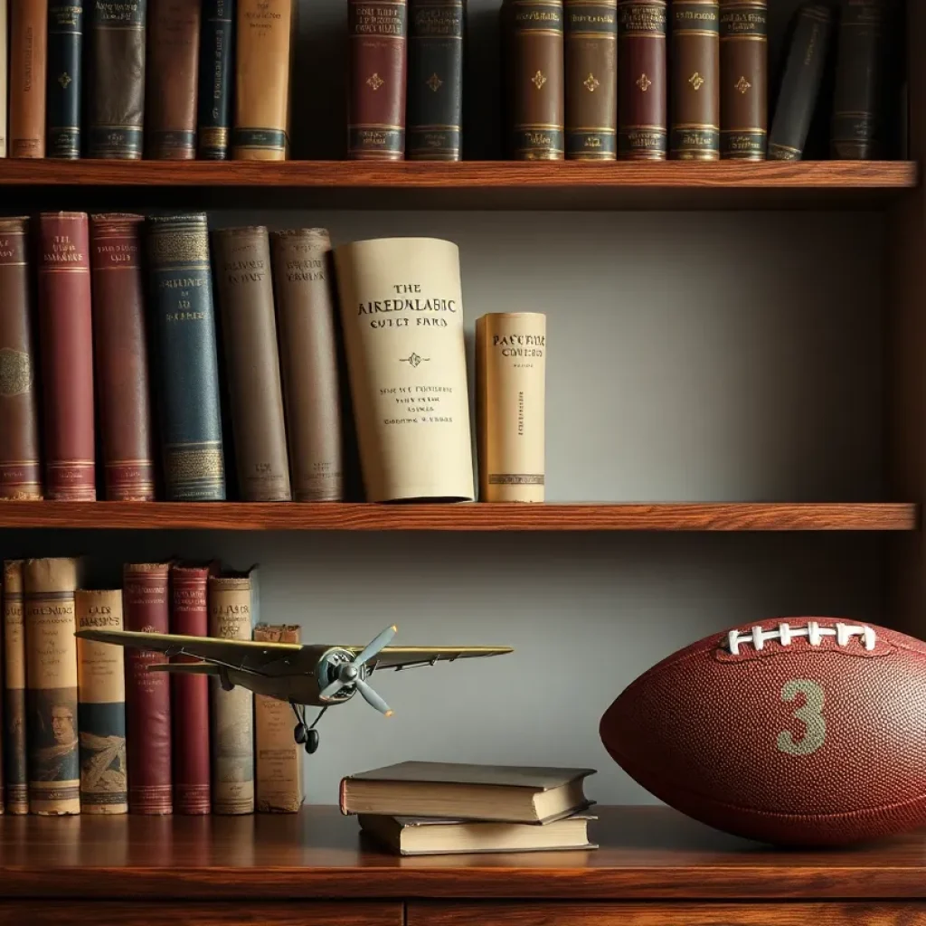 A shelf displaying historical books and model airplanes