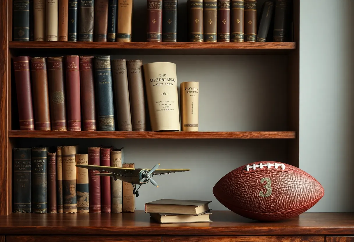 A shelf displaying historical books and model airplanes