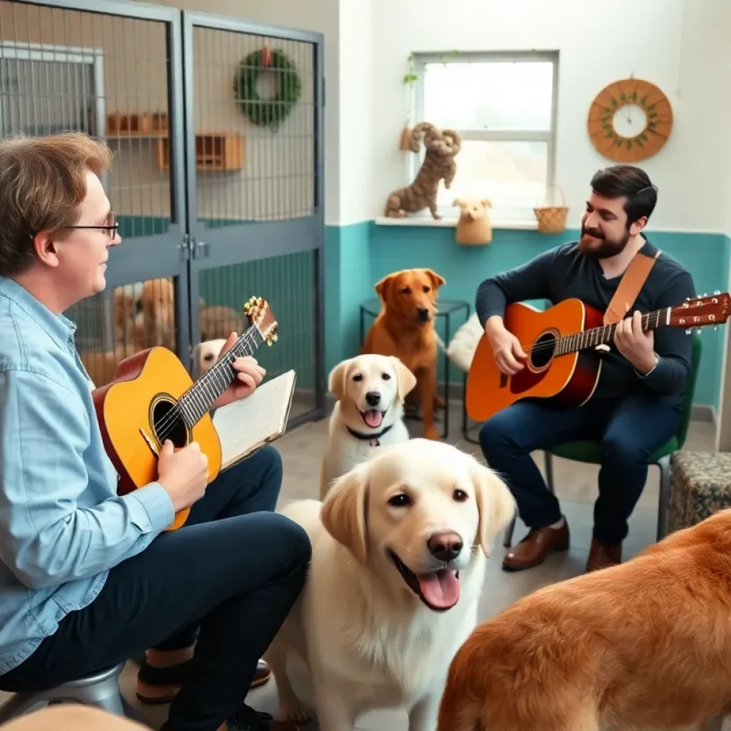 Volunteers playing music for dogs at Mission Viejo Animal Services Center