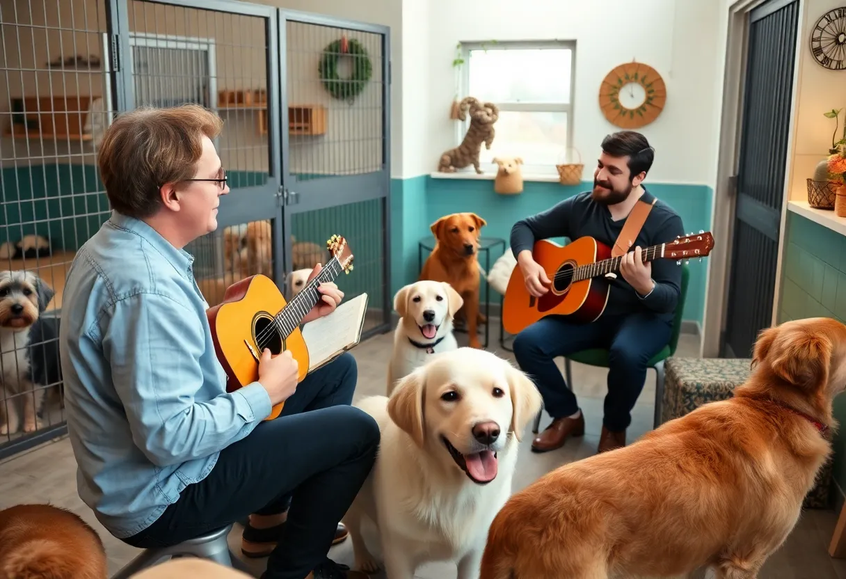 Volunteers playing music for dogs at Mission Viejo Animal Services Center