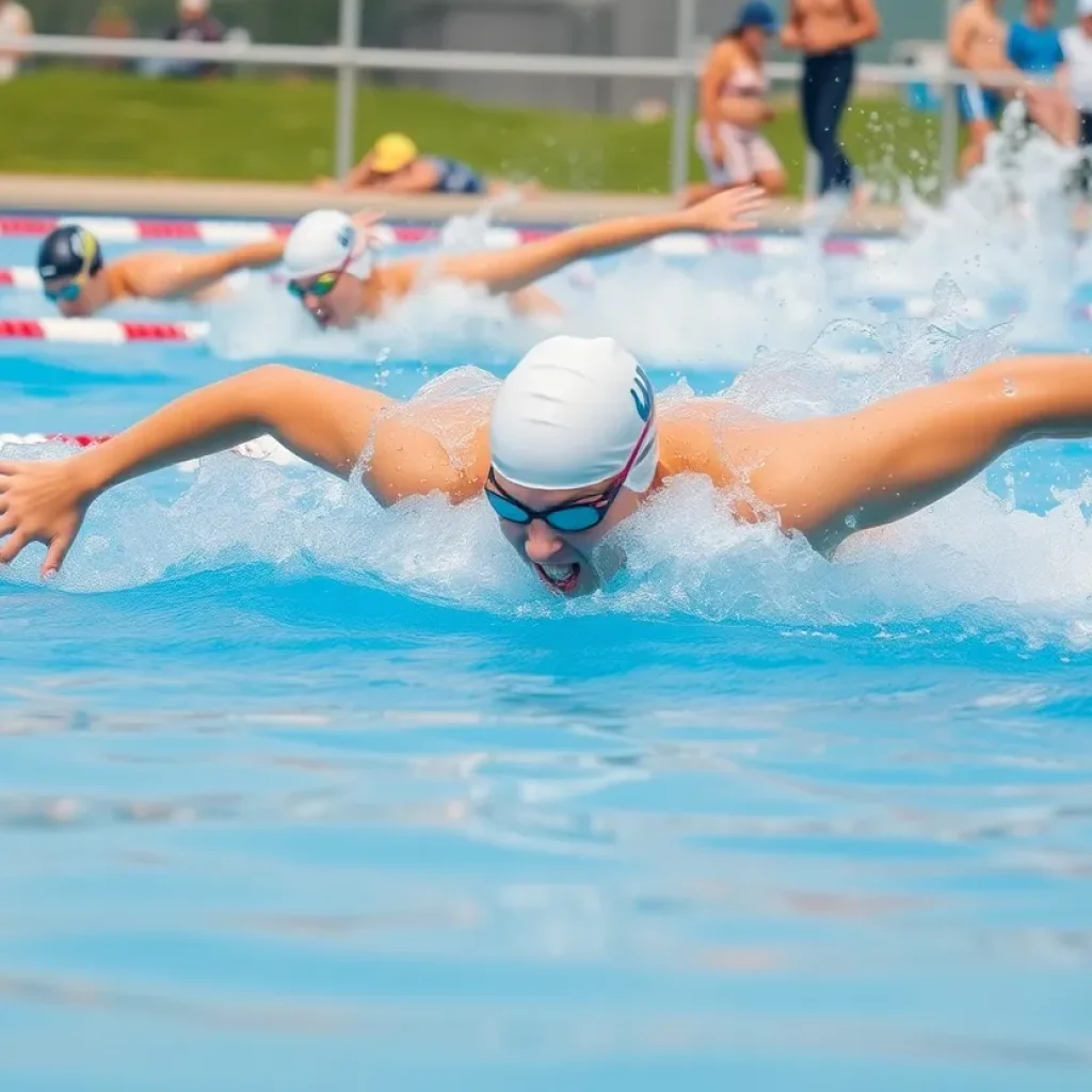 Mary Plant competing in a swimming race.