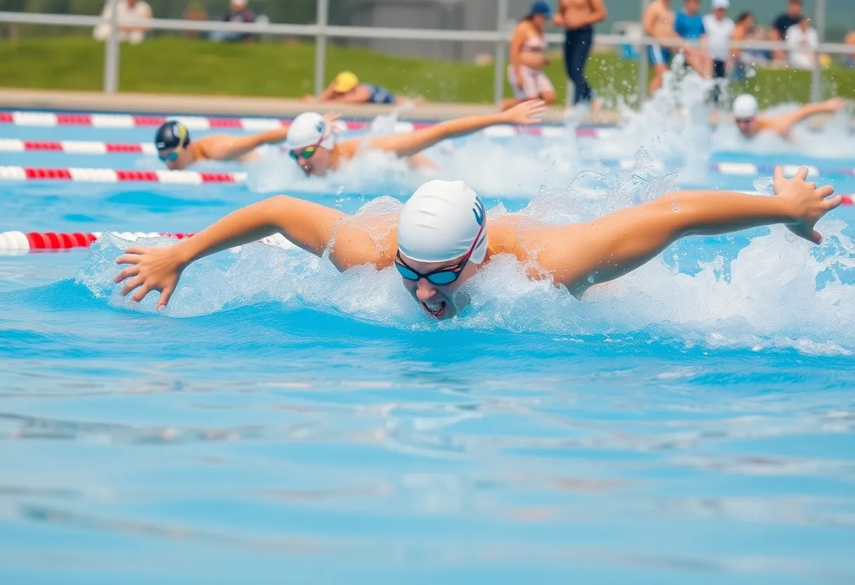 Mary Plant competing in a swimming race.