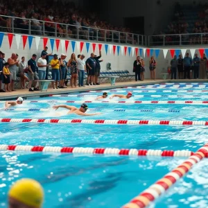 A competitive swimming event featuring masters athletes in action.