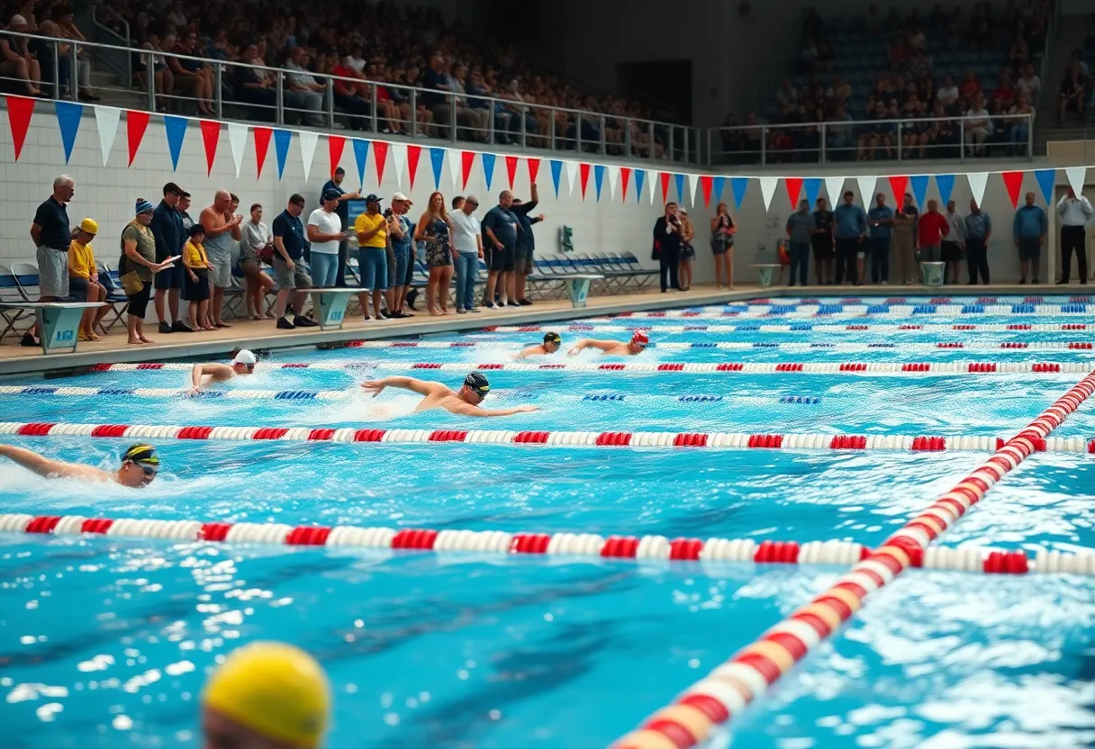 A competitive swimming event featuring masters athletes in action.