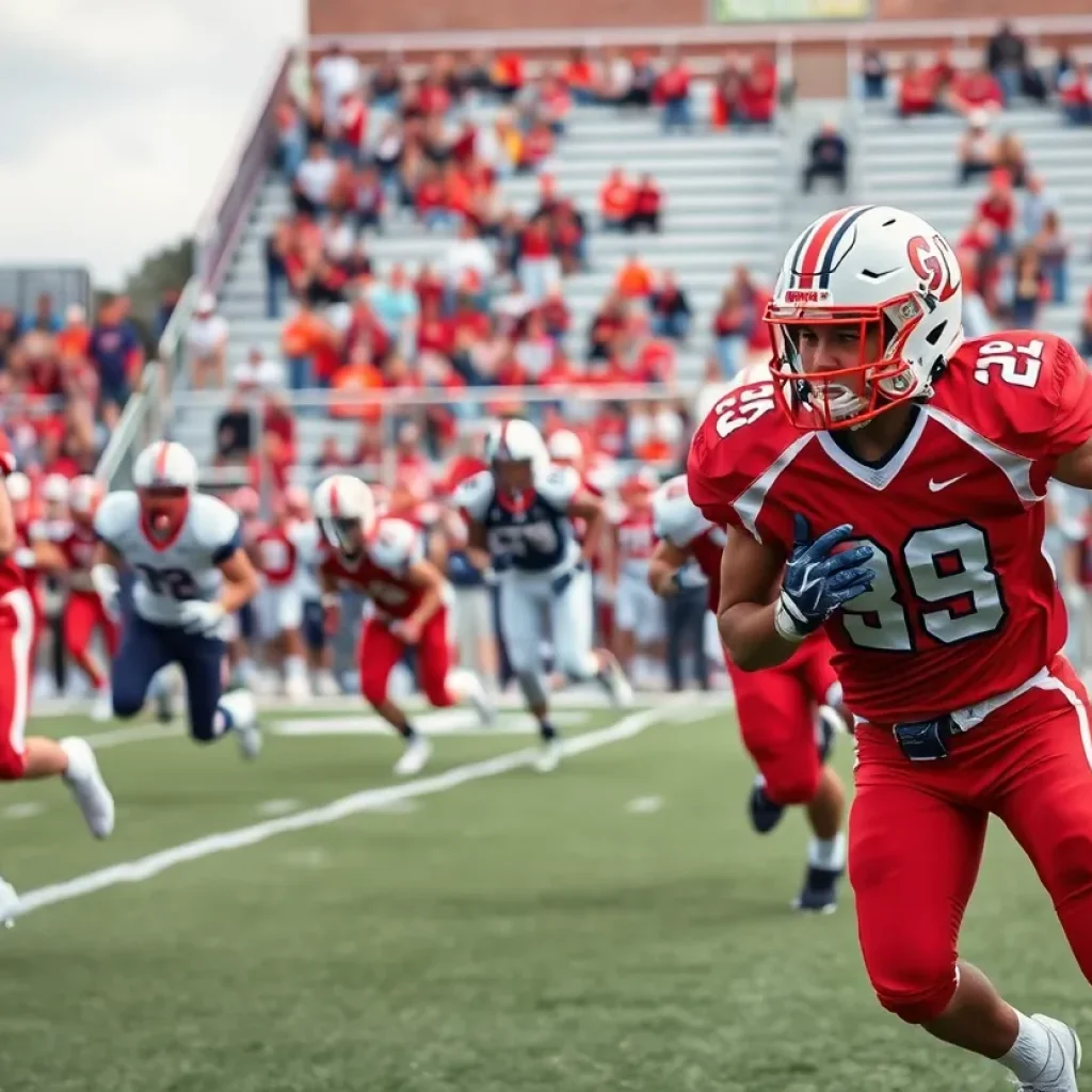 High school football players in action during a game