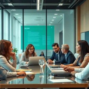 Team discussing strategies in a modern office setting.