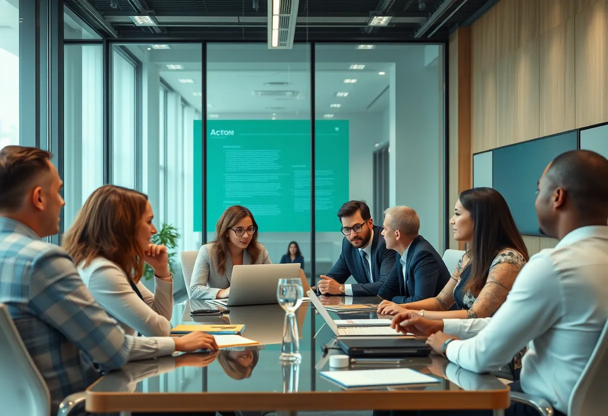 Team discussing strategies in a modern office setting.