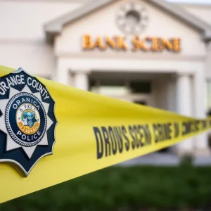 Police badge and crime scene tape outside a bank