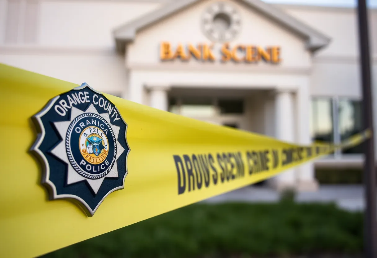 Police badge and crime scene tape outside a bank