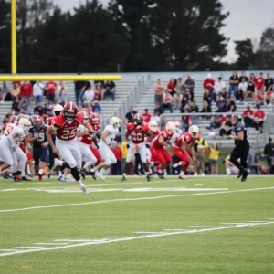 High school football game in progress with intense action.