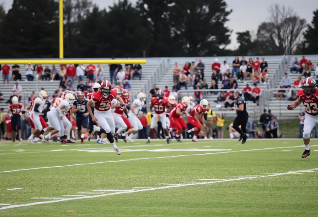 High school football game in progress with intense action.