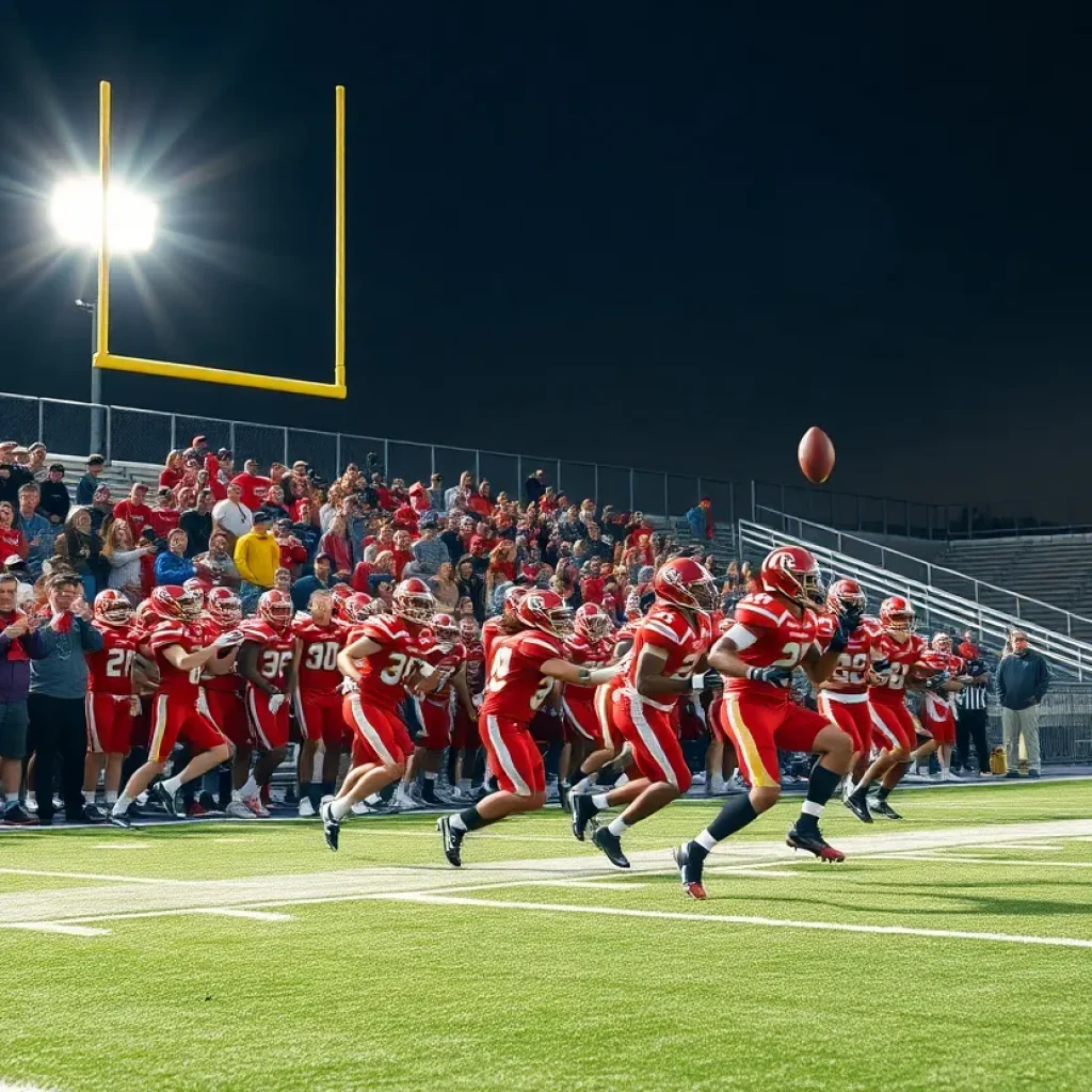 Players from Mission Viejo High School football team celebrating their victory on the field