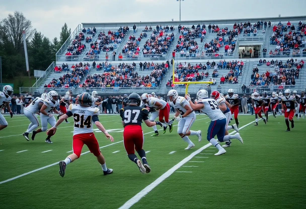 Players from Mission Viejo and Santa Margarita competing in a high school football game.