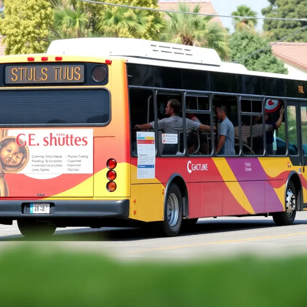 A Mission Viejo shuttle bus on the road, enhancing local transit options.