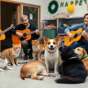 Musicians playing live music to shelter pets at Mission Viejo Animal Services Center.
