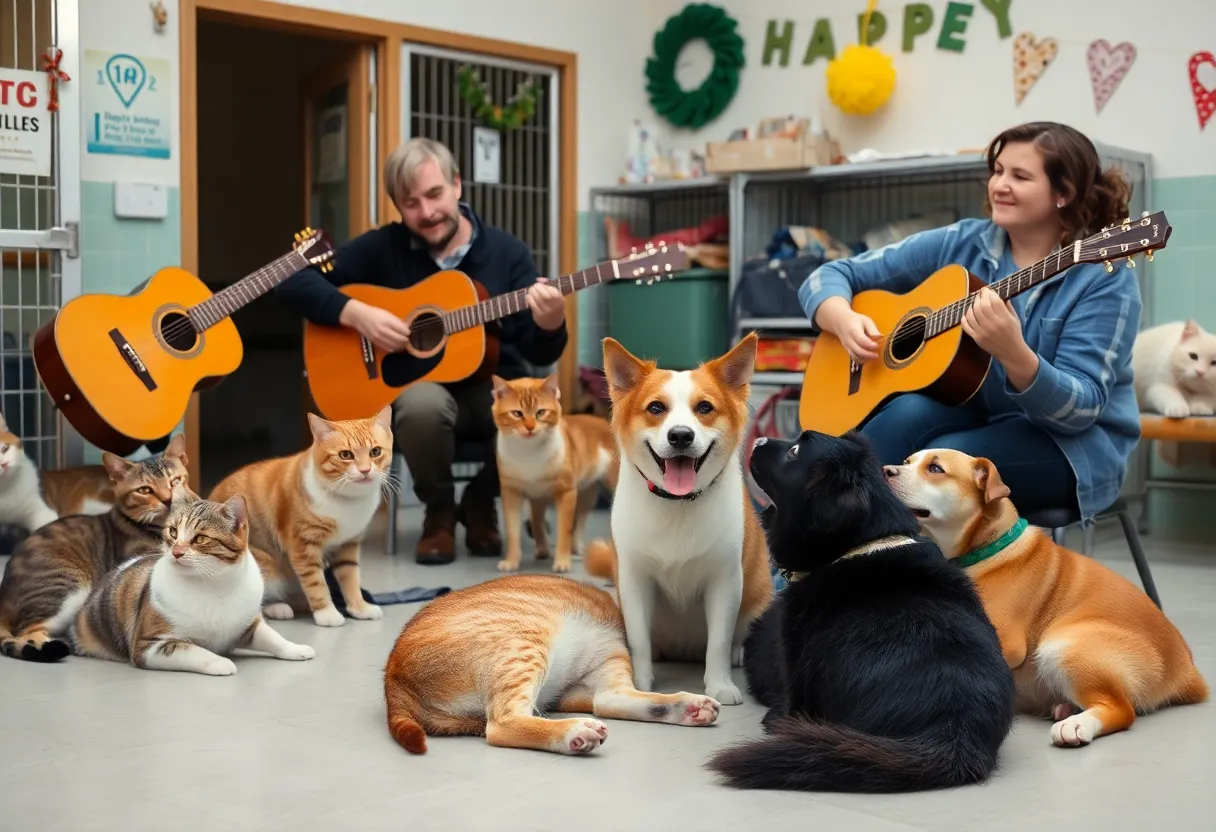 Musicians playing live music to shelter pets at Mission Viejo Animal Services Center.
