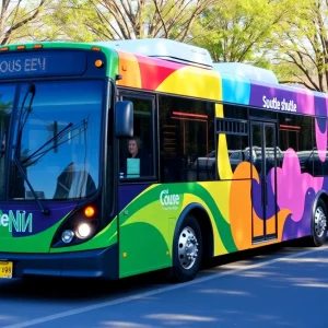 A free shuttle service in Mission Viejo with colorful signage for residents.