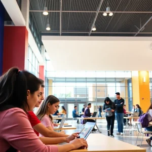 A modern high school campus in Orange County with students engaged in educational activities.