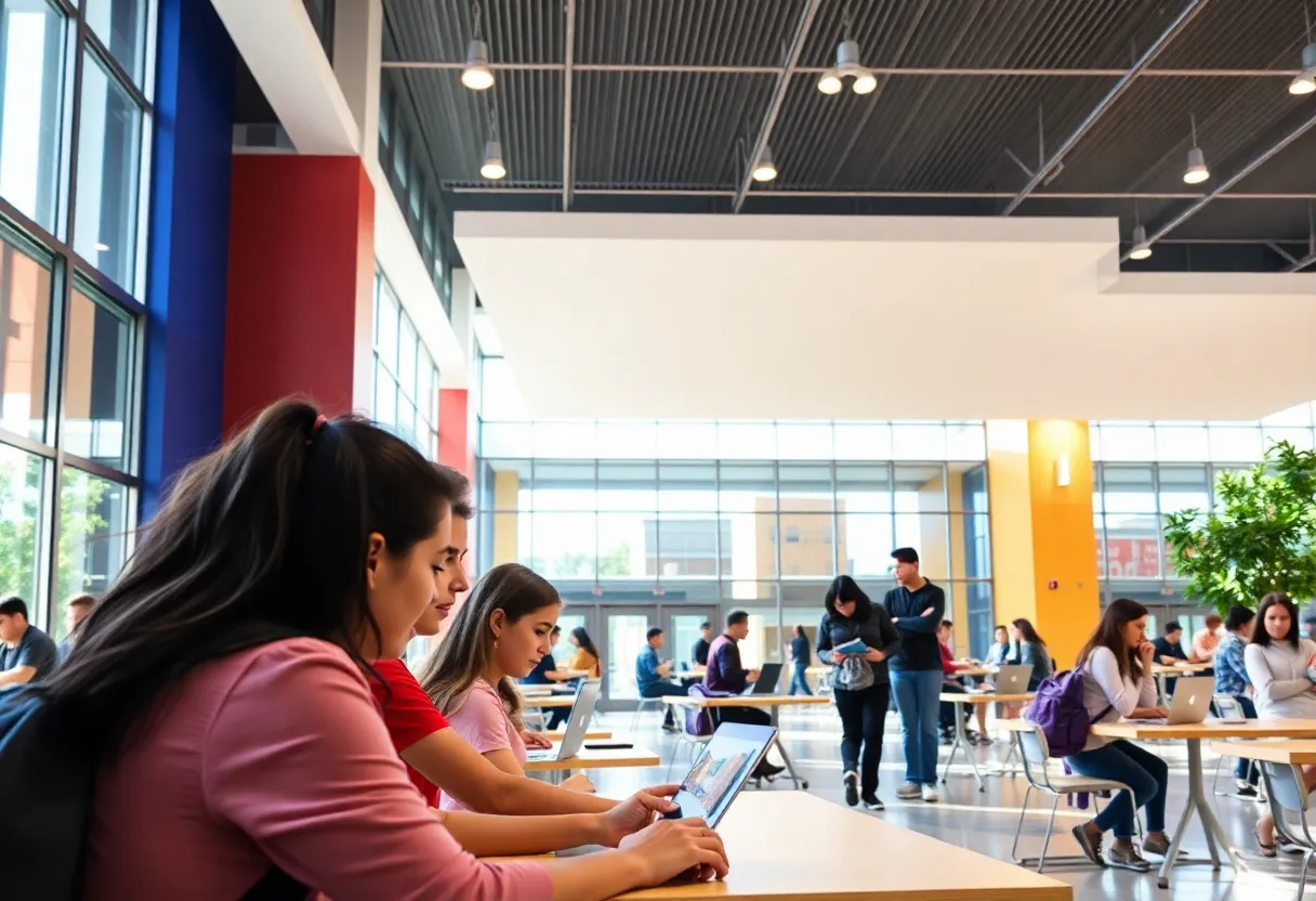 A modern high school campus in Orange County with students engaged in educational activities.