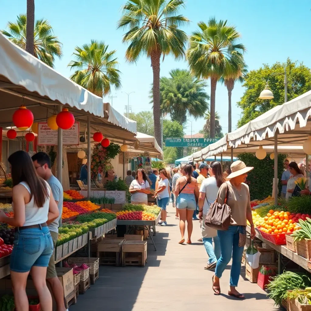 A vibrant farmers market in Orange County with fresh produce and local crafts for sale.