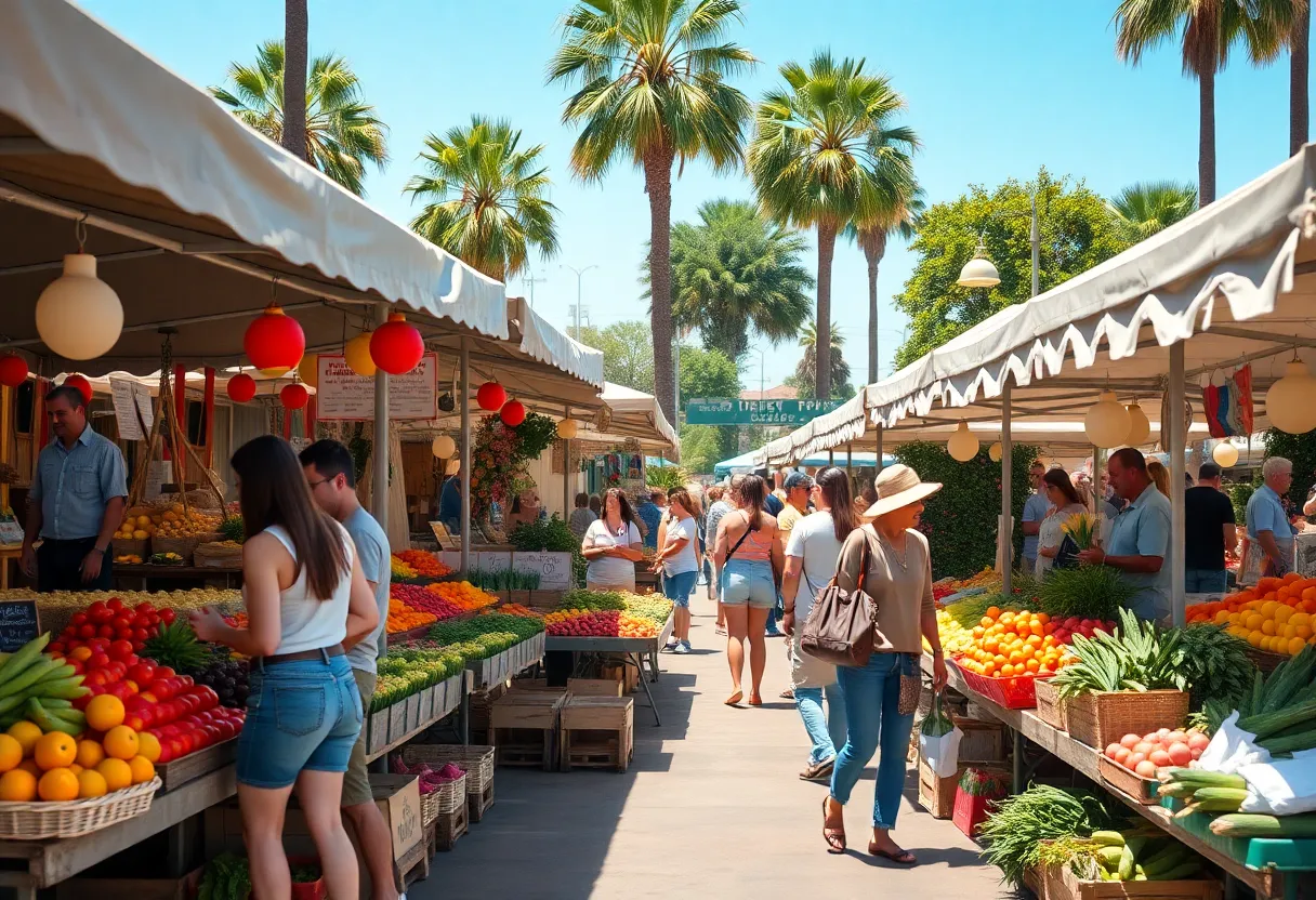 A vibrant farmers market in Orange County with fresh produce and local crafts for sale.