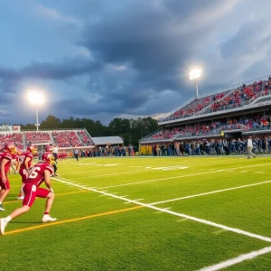 High school football players in action on the field during a game in Orange County