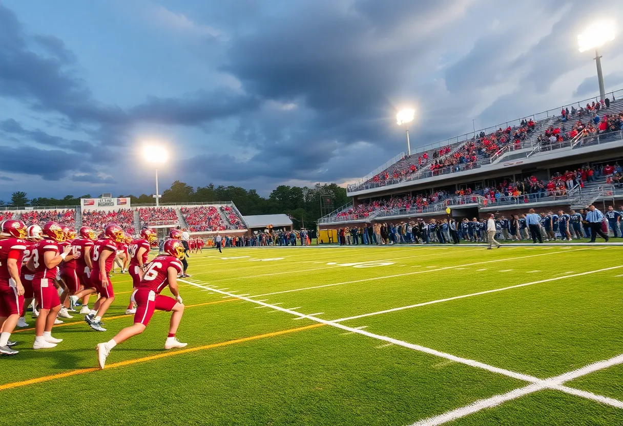 High school football players in action on the field during a game in Orange County