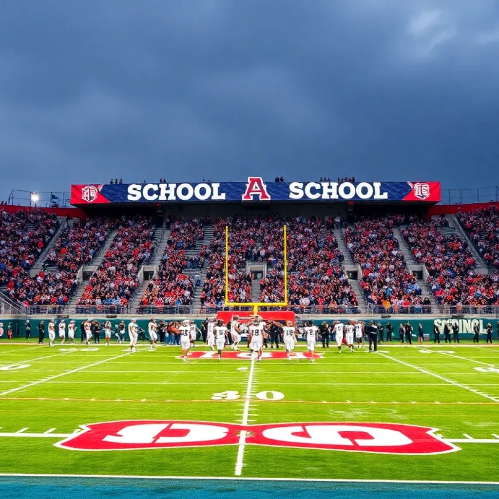 A high school football game in Orange County with players on the field and fans cheering in the stands.