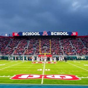 A high school football game in Orange County with players on the field and fans cheering in the stands.