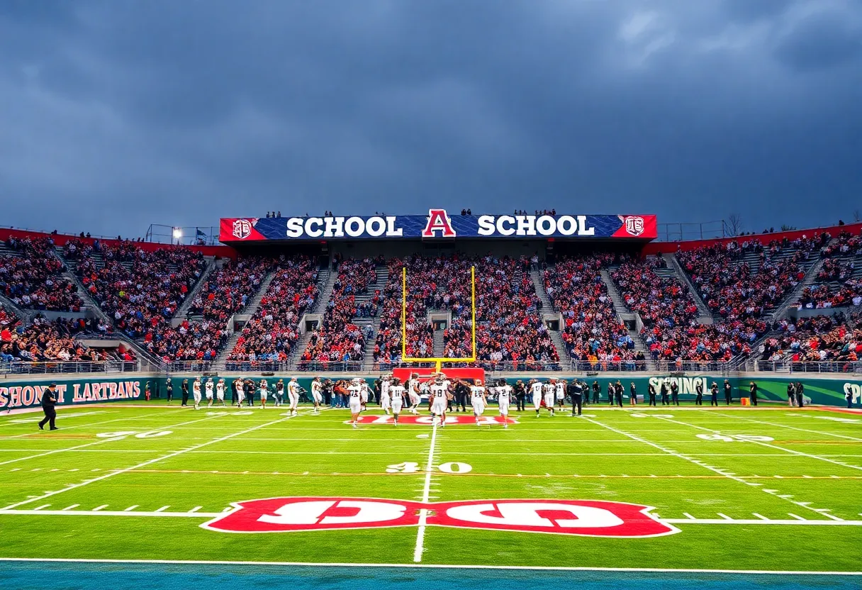 A high school football game in Orange County with players on the field and fans cheering in the stands.