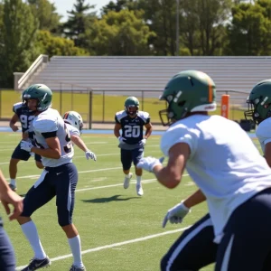 High school football players practicing on the field