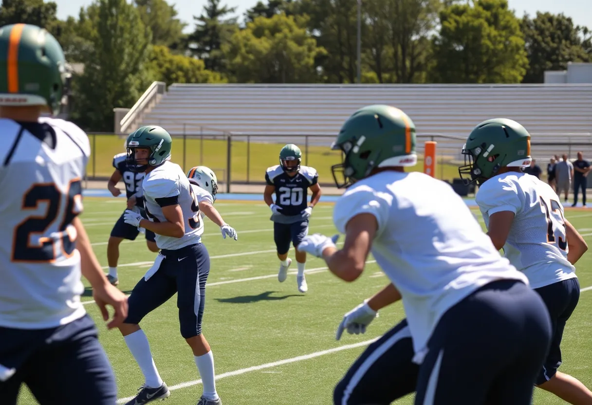 High school football players practicing on the field