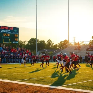 High school football players in action during a game in Orange County