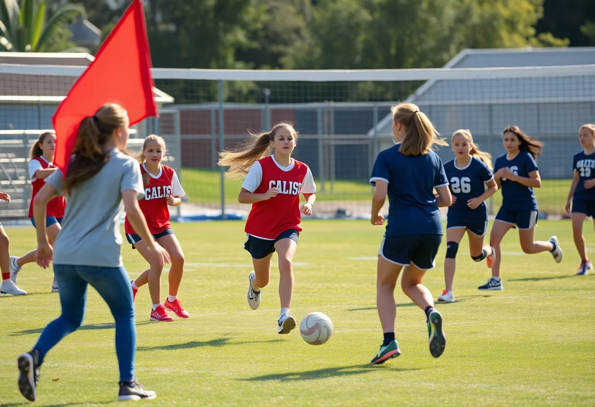 High school students playing flag football and volleyball in Orange County