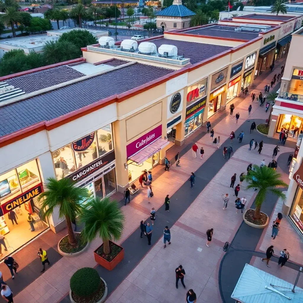 Aerial view of bustling retail shopping centers in Orange County.
