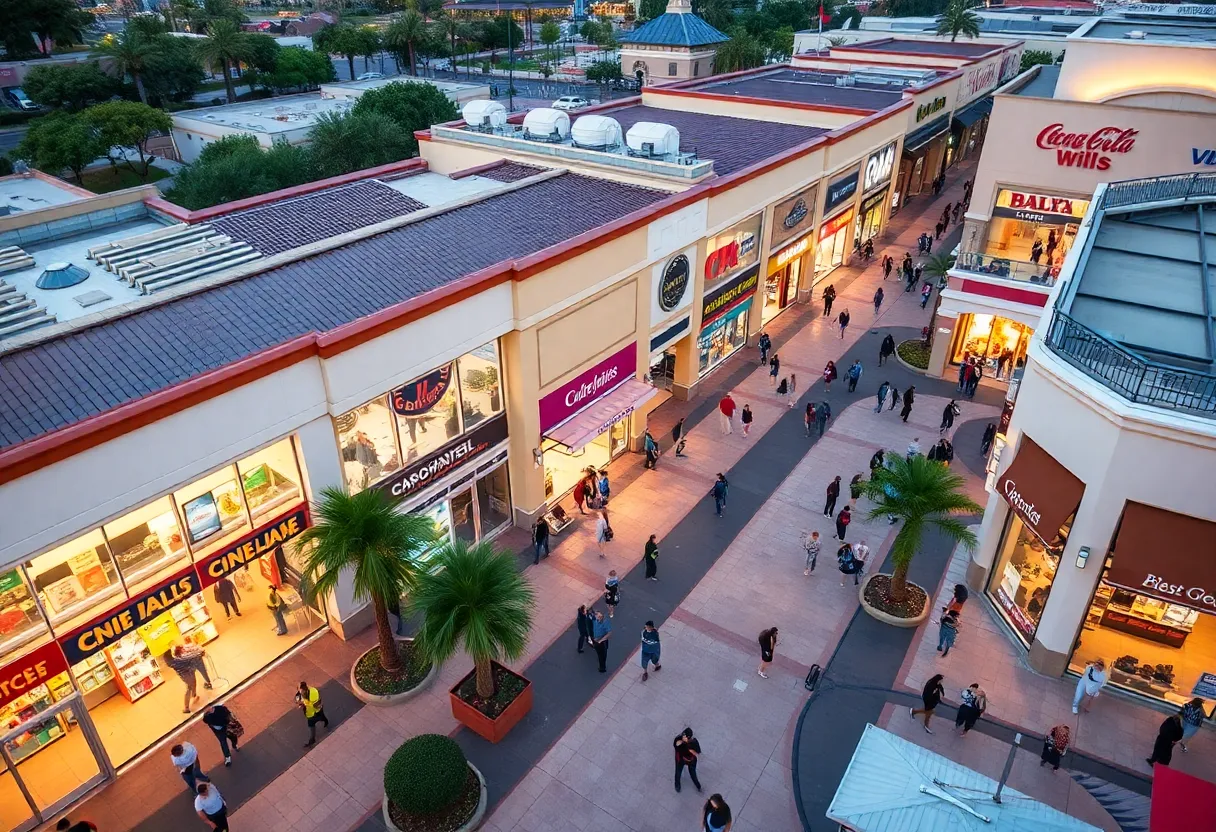 Aerial view of bustling retail shopping centers in Orange County.