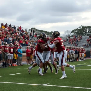 Celebration scene from a high school football game during a thrilling five-overtime match