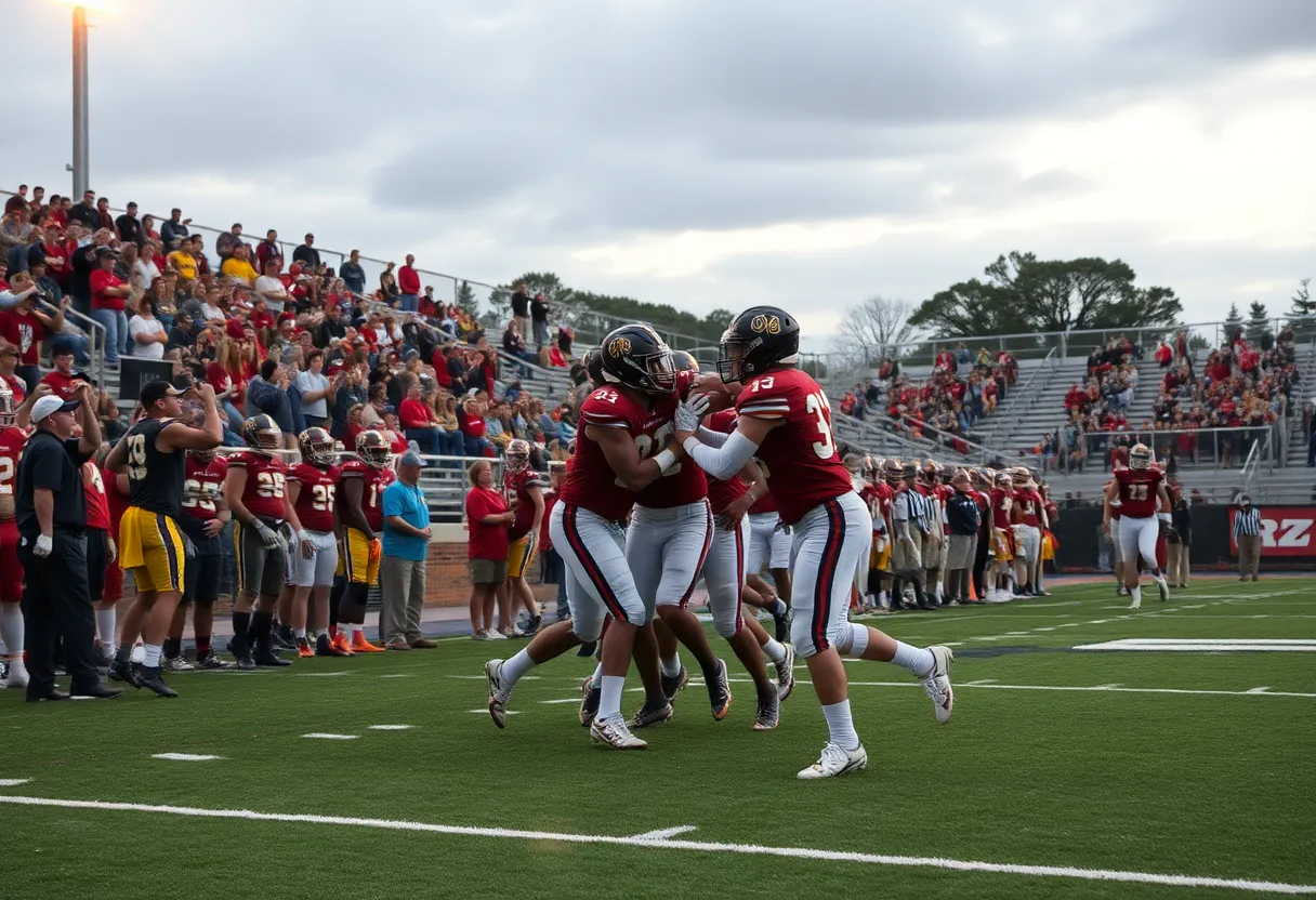 Celebration scene from a high school football game during a thrilling five-overtime match