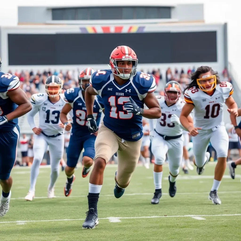 A dynamic collage of college football players competing on the field.