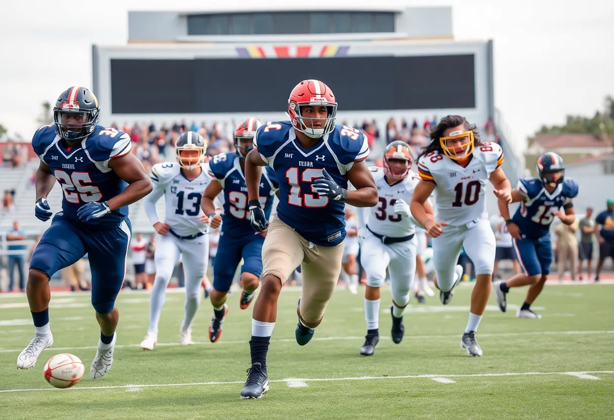 A dynamic collage of college football players competing on the field.