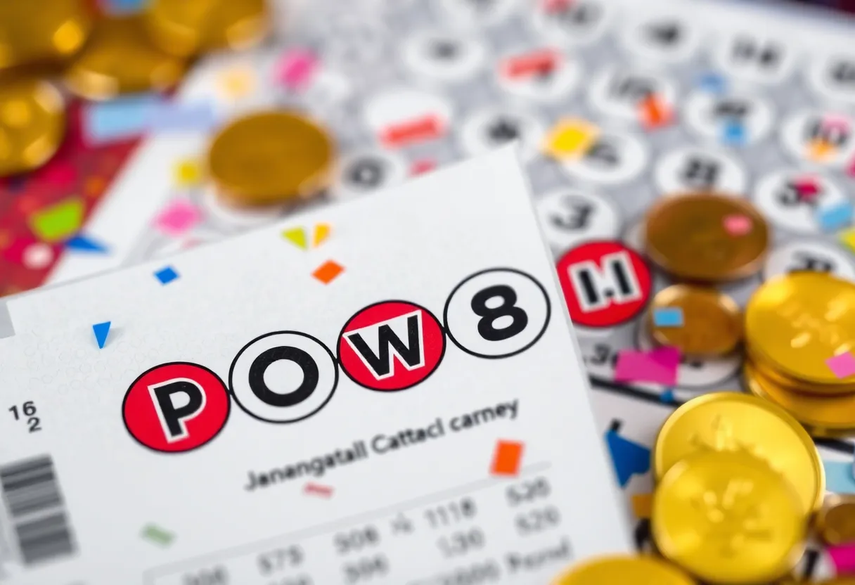 Powerball lottery ticket with gold coins and confetti