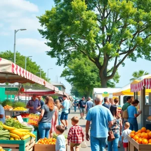 Vibrant farmers market in Rancho Mission Viejo with fresh produce and food trucks.